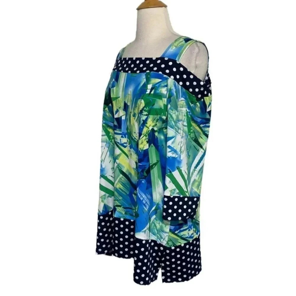 Patchington Cold Shoulder Tunic Large Blue Green Abstract Polka Dot 3/4 Sleeve